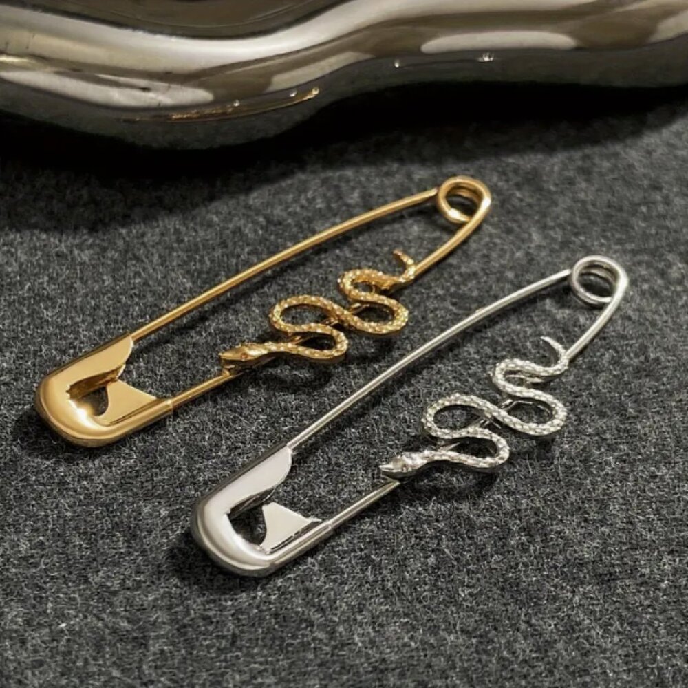 Mixed Metals Gold & Silver Snake Safety Pin Earrings NEW - Picture 7 of 7